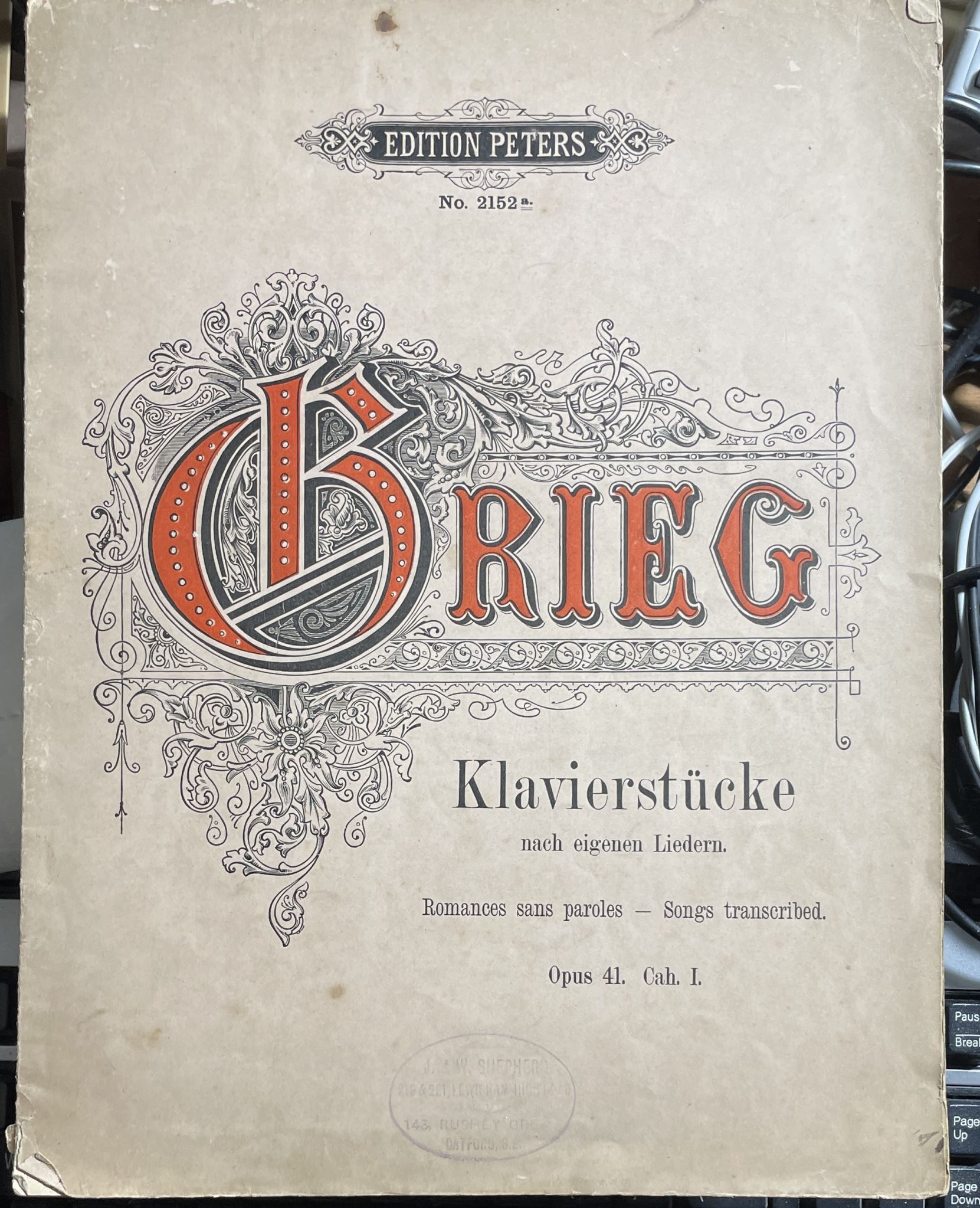 Edition Peters No 2152 Grieg Klavierstucket nach eigenen Liedern Opus 41 Cah, I