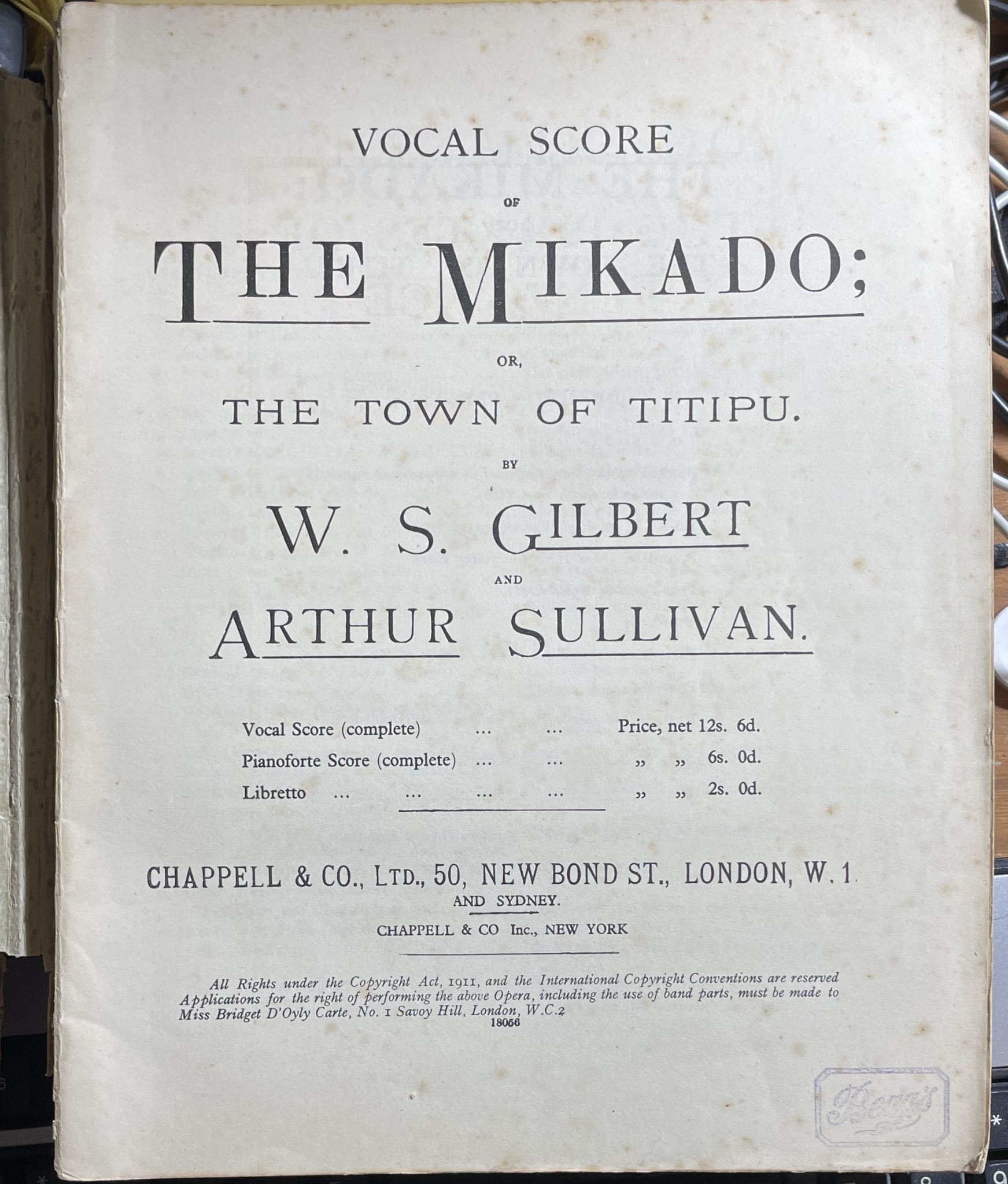 Vocal Score The Mikado or The Town of Titipu