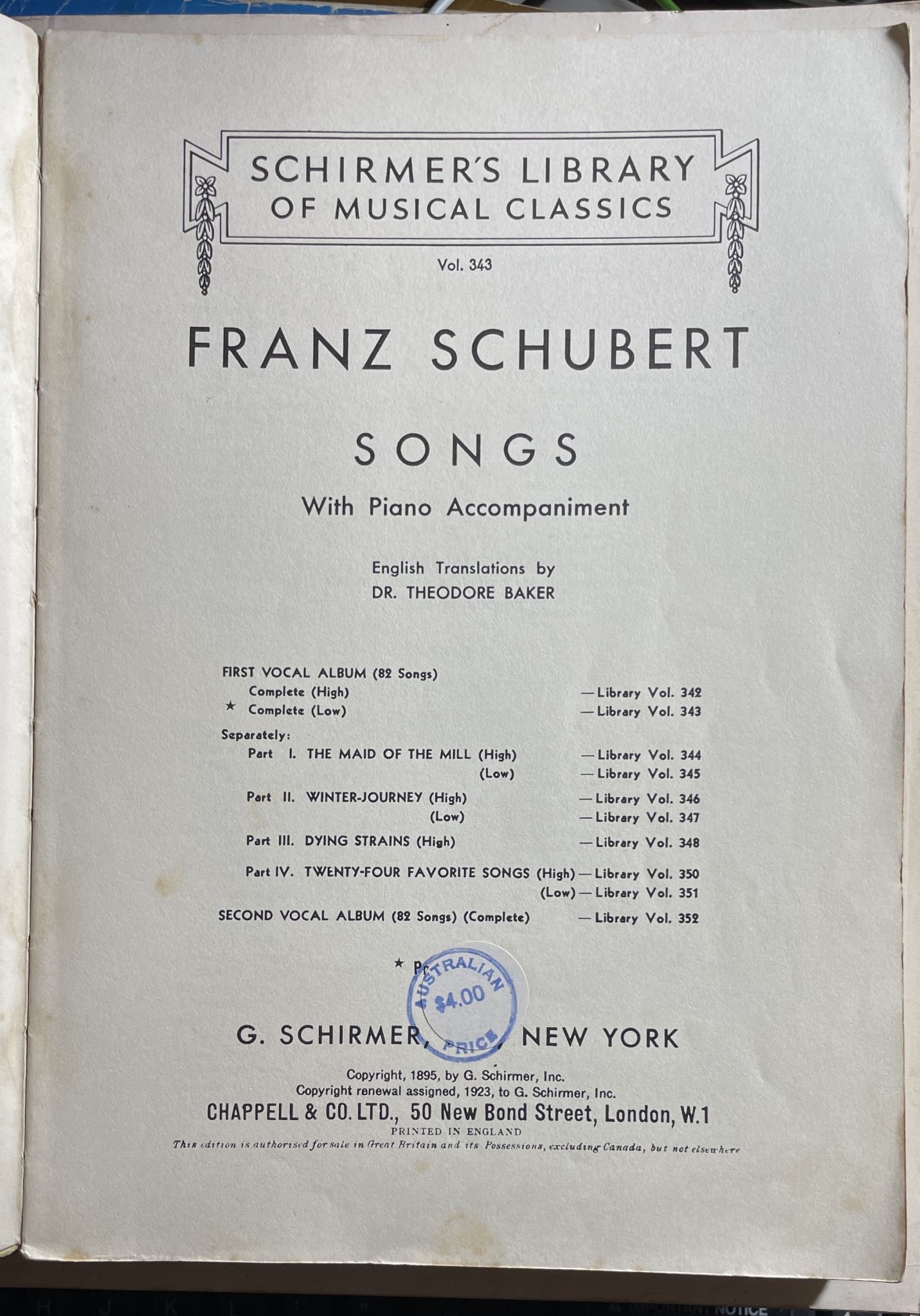 Schubert First Vocal Album For Low Voice Vol 343