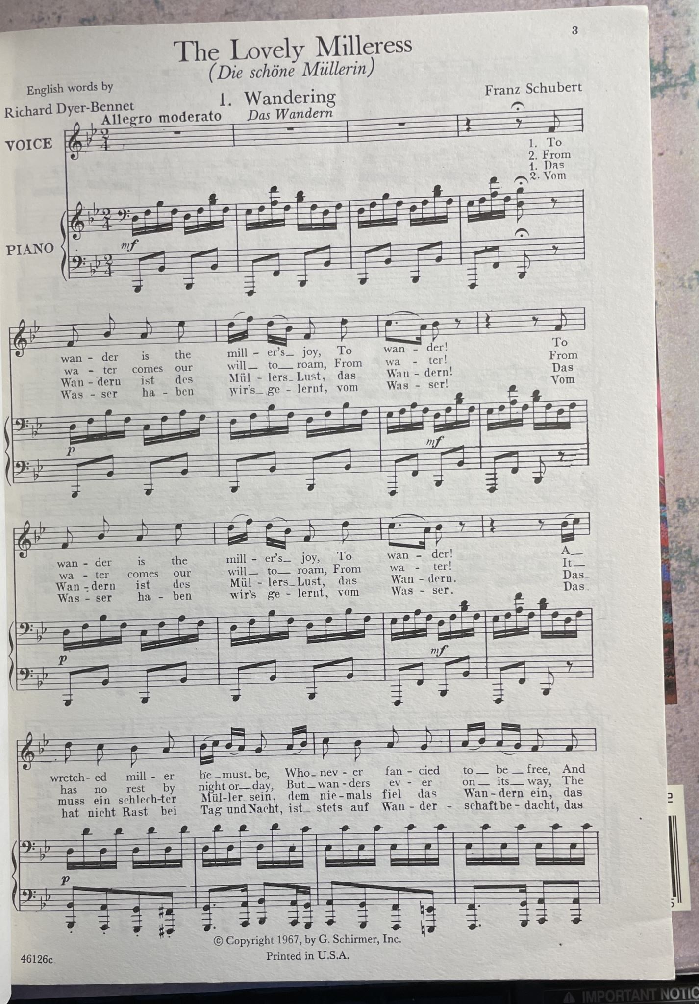 The Lovely Milleress For Voice and Piano by Franz Schubert