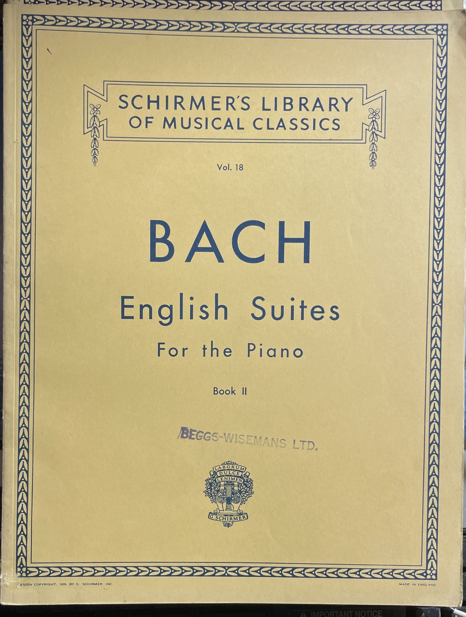 Schirmer's Musical Classics Vol 18 Bach English Suites For the Piano Book II