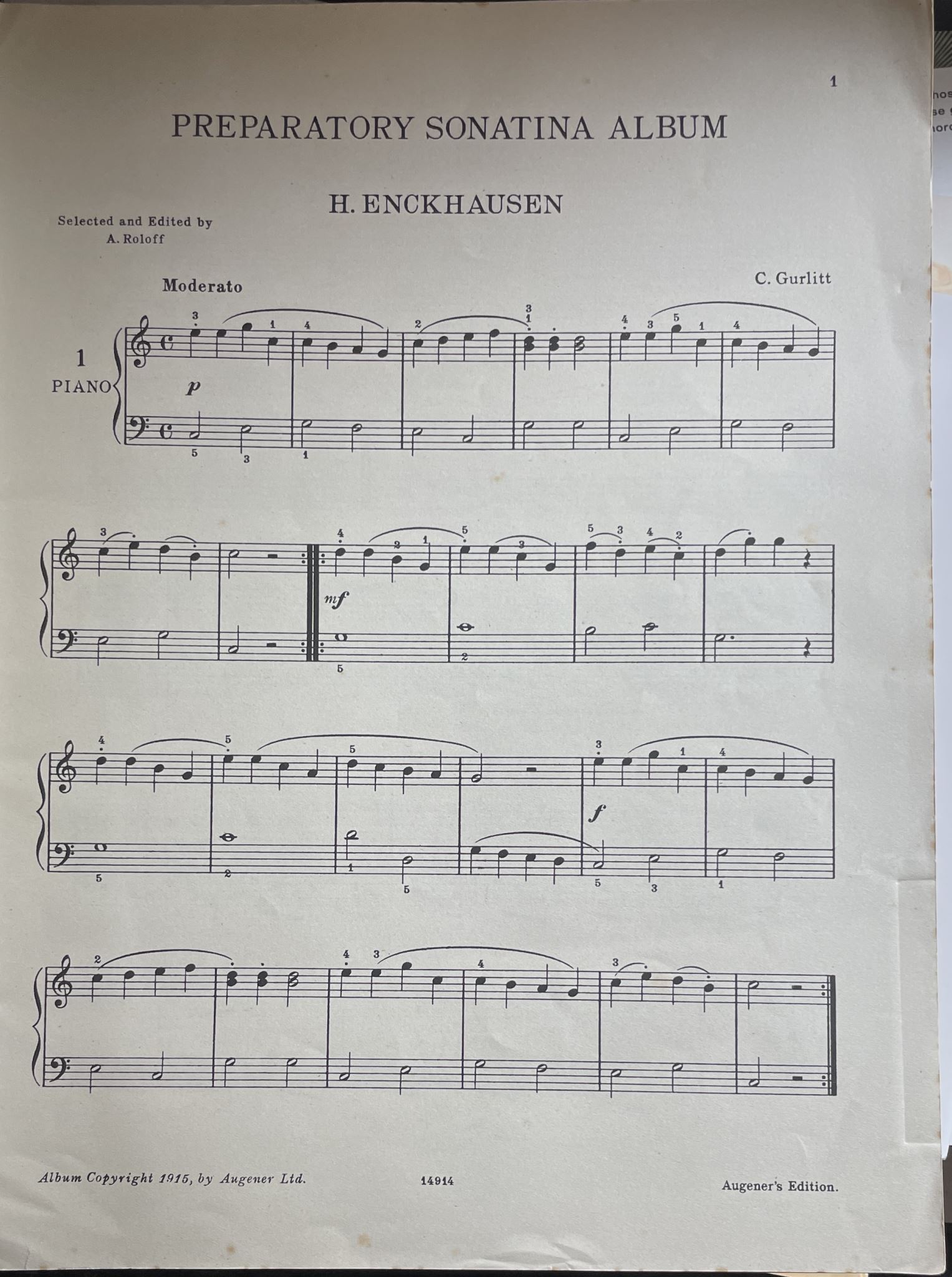 Augener's Edition No 5889A Preparatory Sonatina Album Book I Nos 1-32 A Roloff