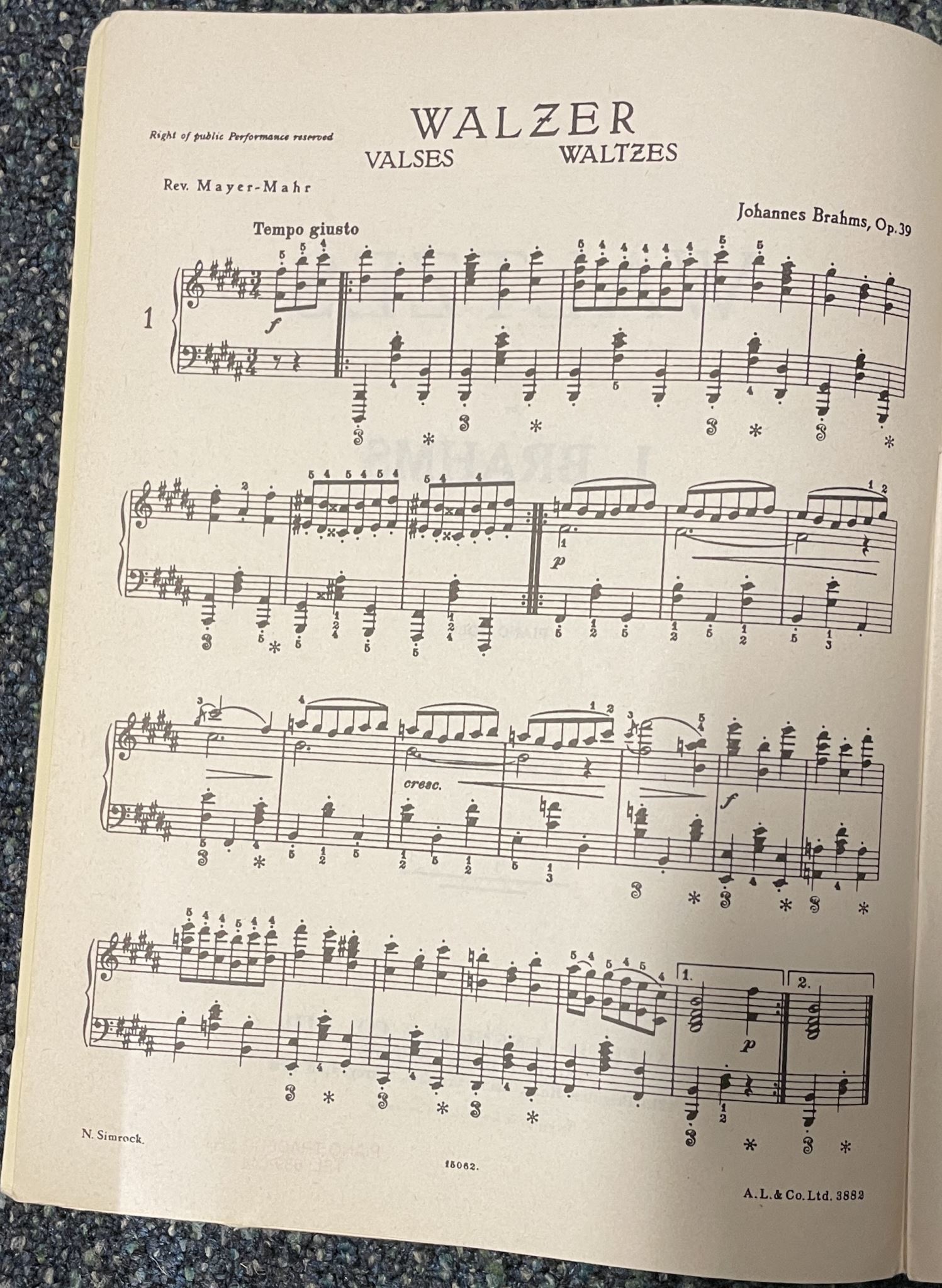 Waltzes by J Brahms Op 39 Piano Solo