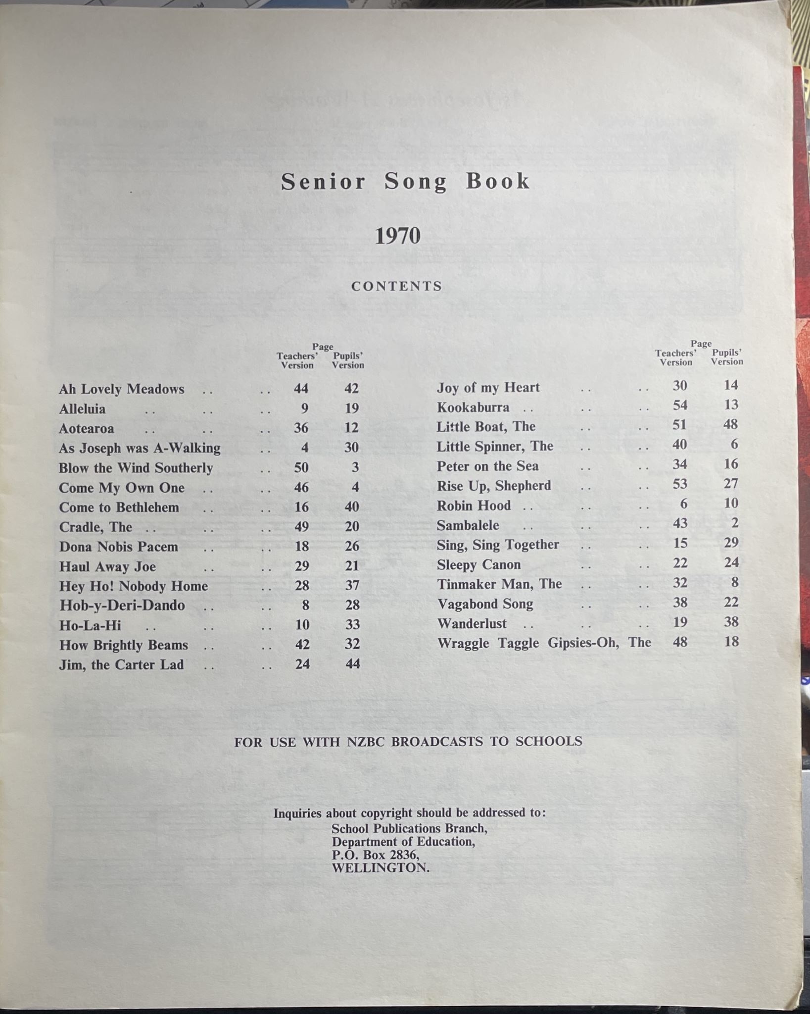 Senior Songs Teachers' Book 1970 for Use with NZBC Broadcasts to Schools