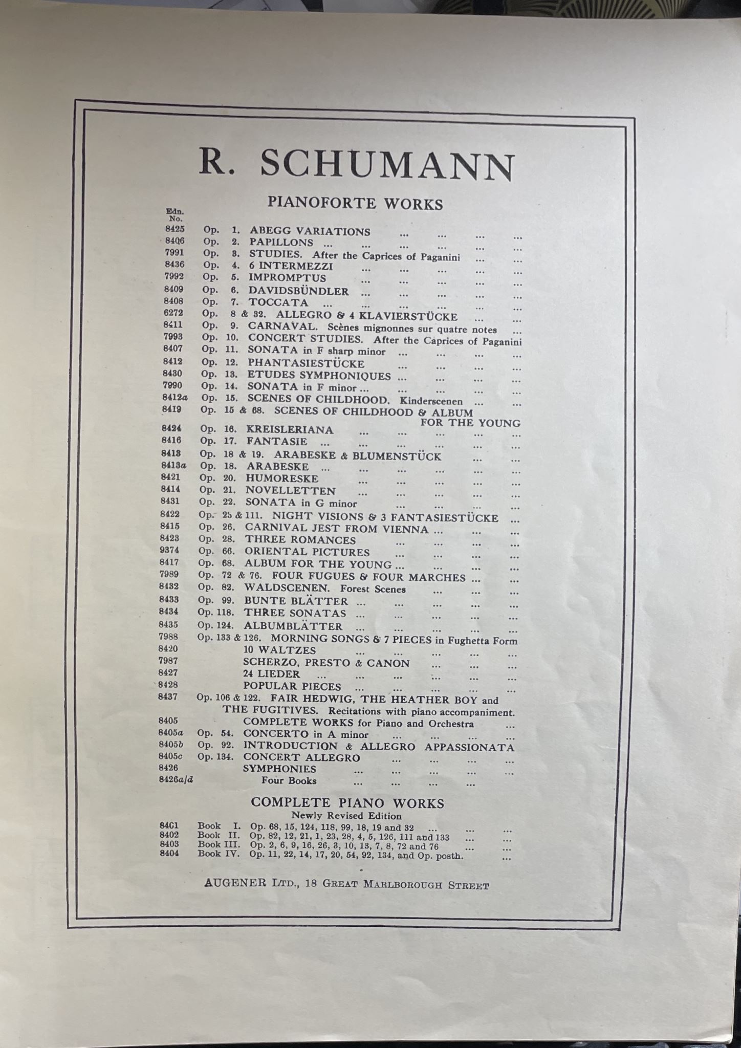 Schumann 3 Romances Op 28 Augener's Edition No 8423