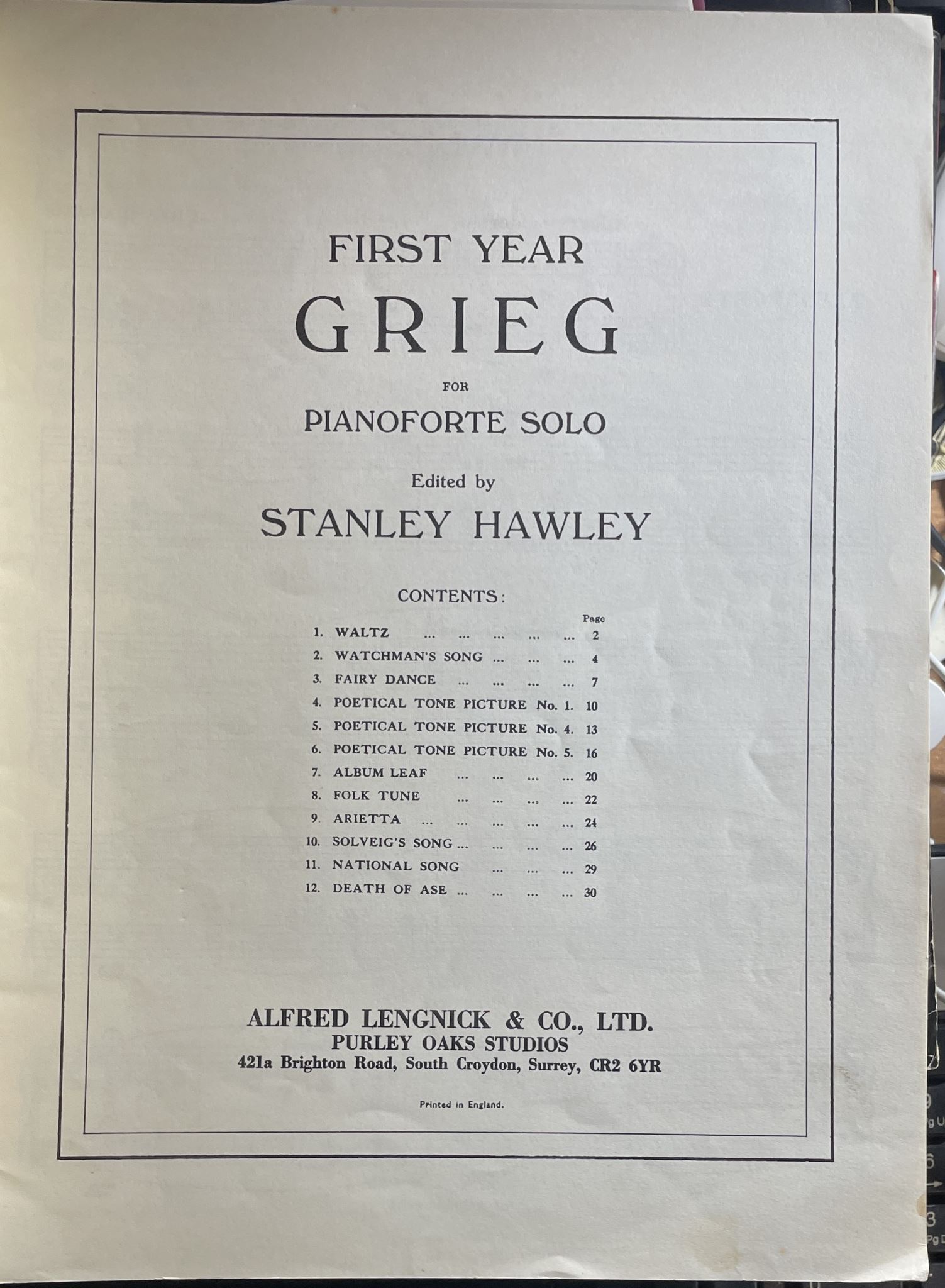 First Year Grieg Pianoforte Solo 12 Easier Compositions