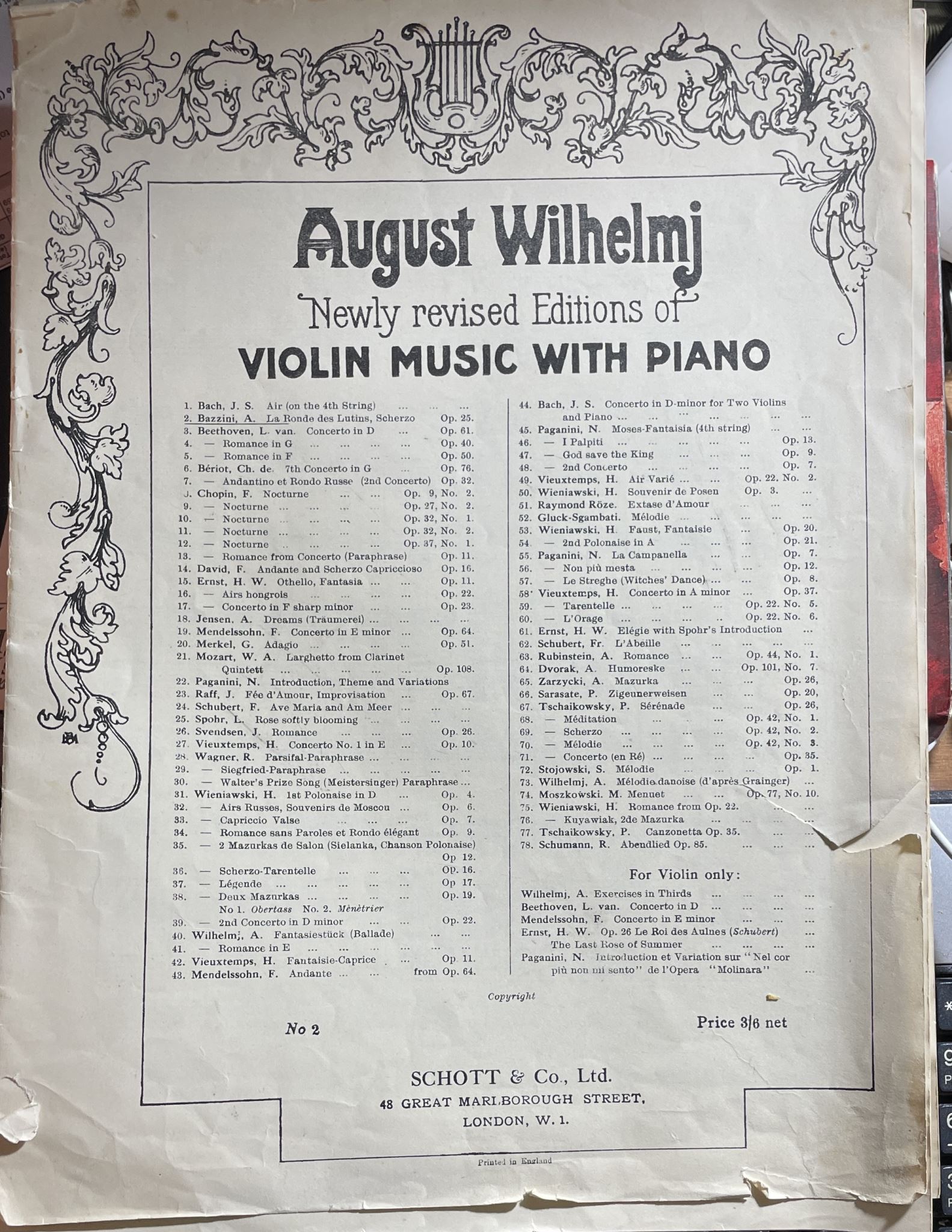 August Wilhelmj Violin Music with Piano La Rohnde Des Lutins