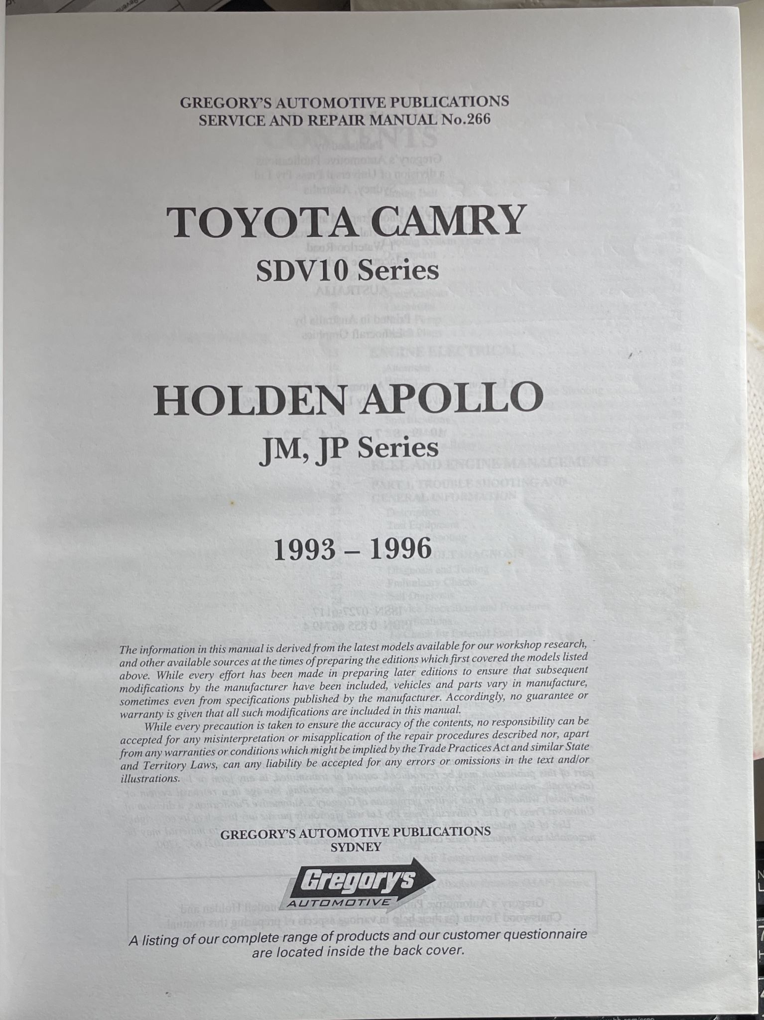 Toyota Camry SDV10 Series Holden Apollo JM JP 1993-96 Service and Repair Manual