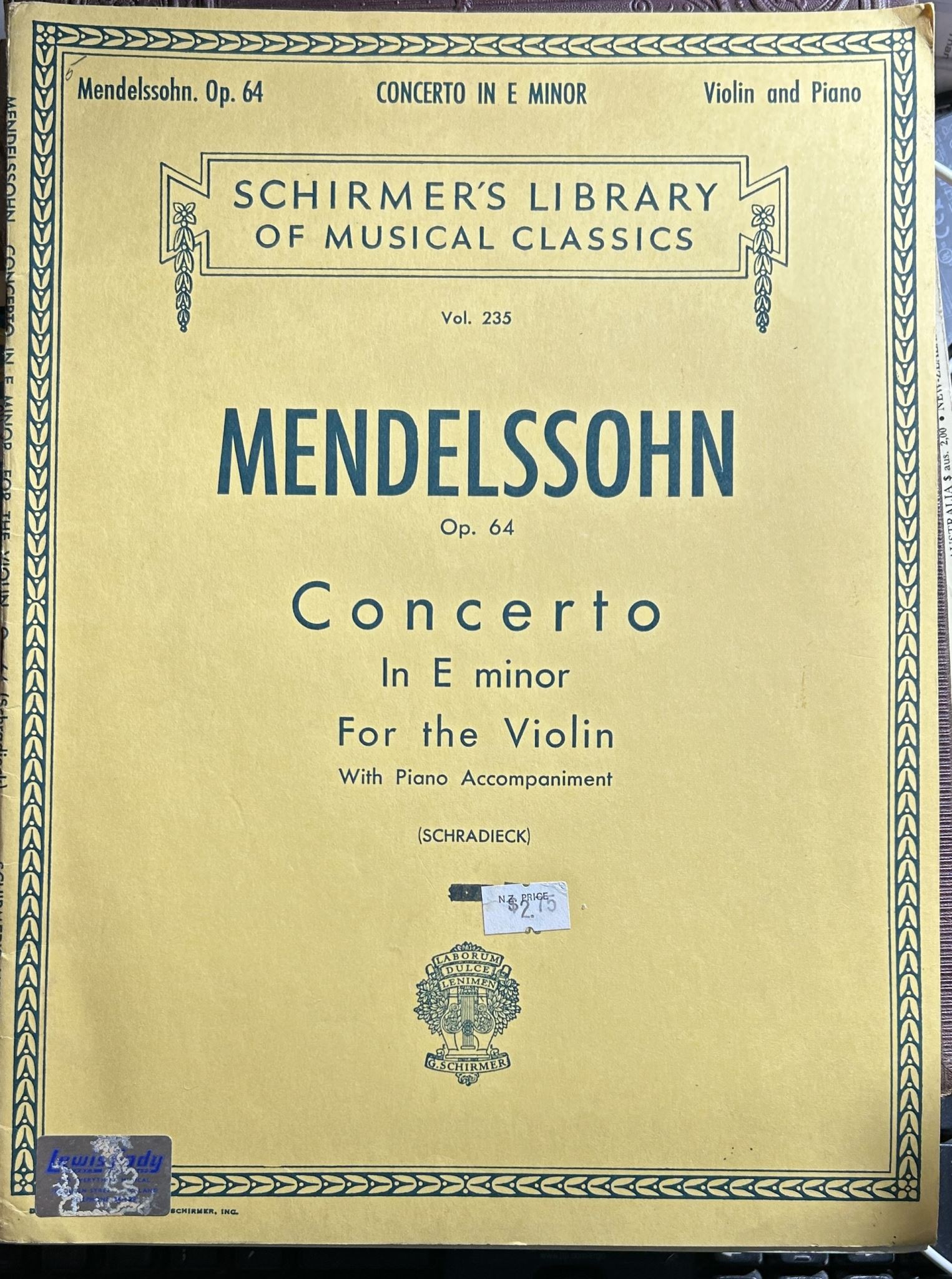 Mendelssohn Op 64 Concerto in E Minor For the Violin with Piano Accompaniment