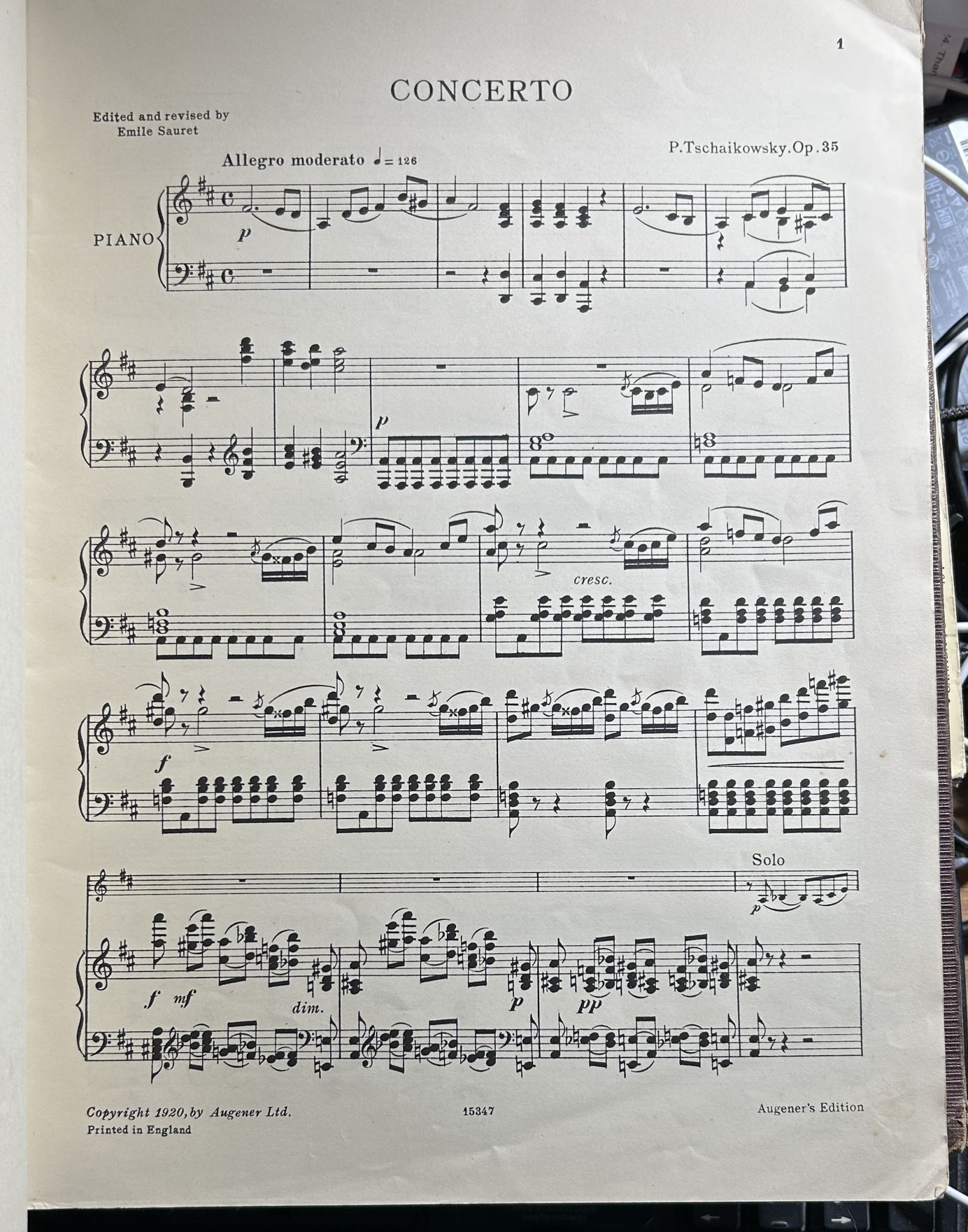Tschaikowsky Concerto Op 35 Violin & Piano Augener's Edition No 7967
