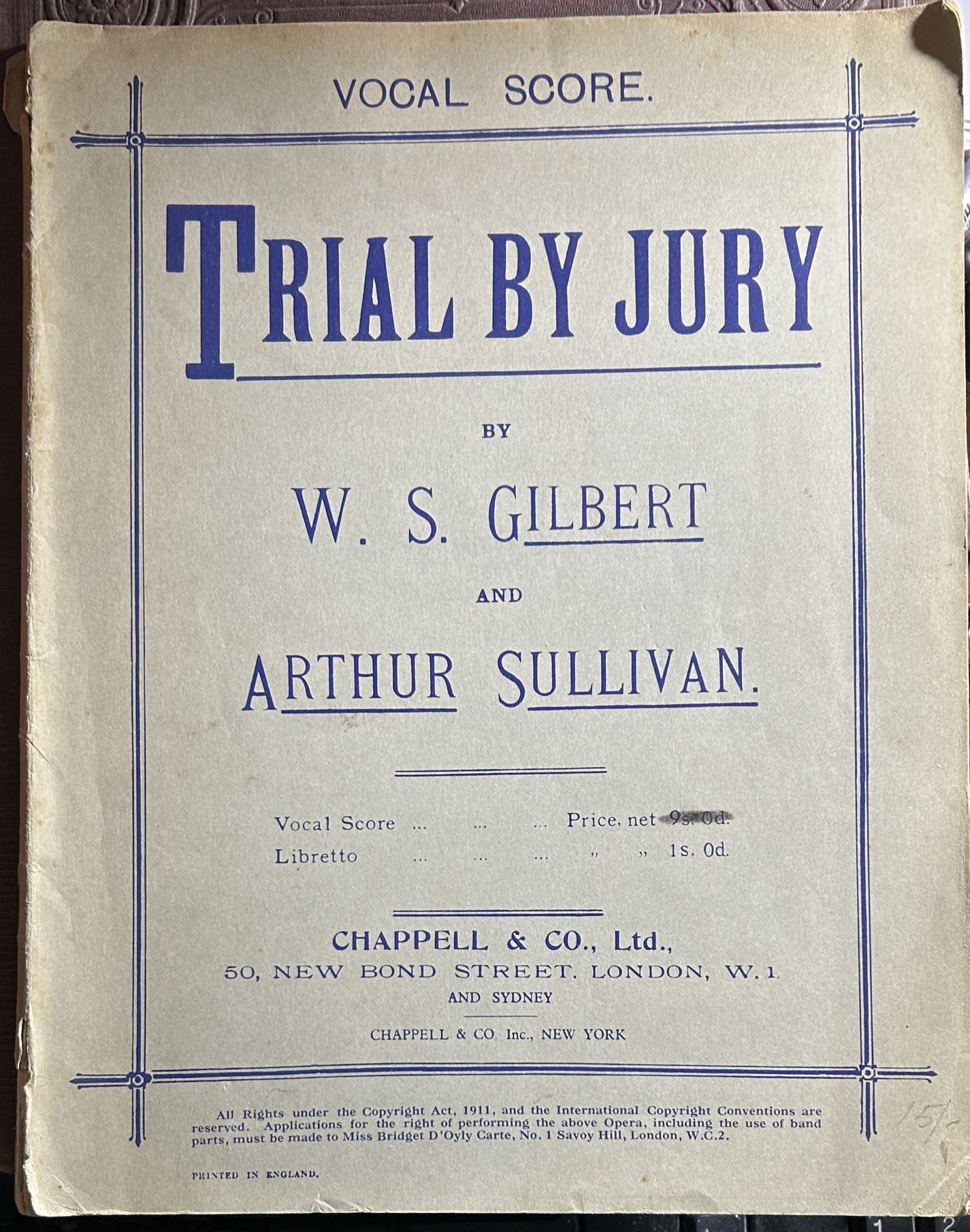 Trial by Jury by W S Gilbert and Arthur Sullivan Vocal Score