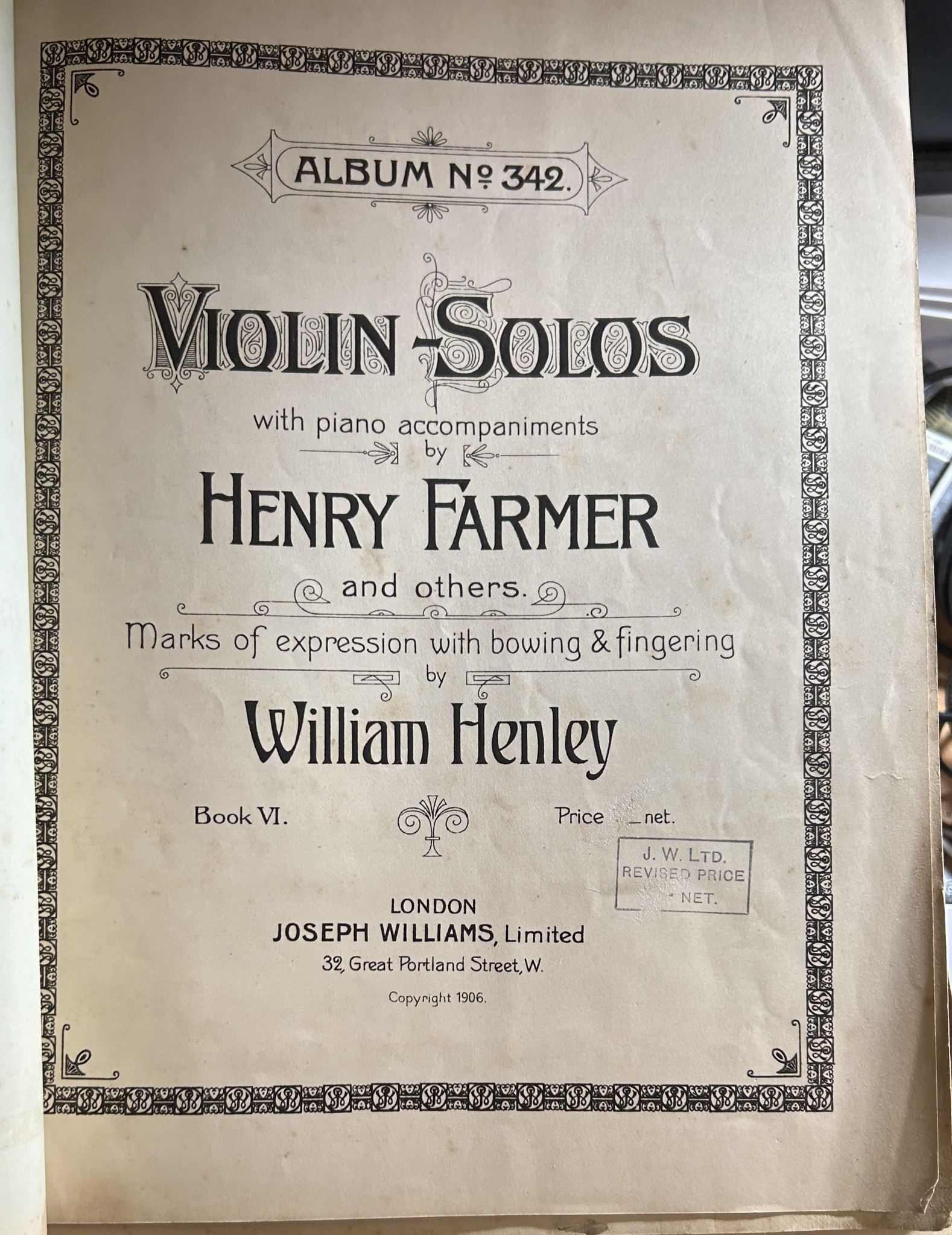 Violin Solos with Piano Accompaniments Book VI Henry Farmer & Others Album No342